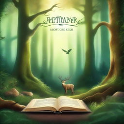 Create a book cover featuring an enchanting forest with mystical creatures