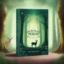 Create a book cover featuring an enchanting forest with mystical creatures