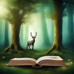 Create a book cover featuring an enchanting forest with mystical creatures