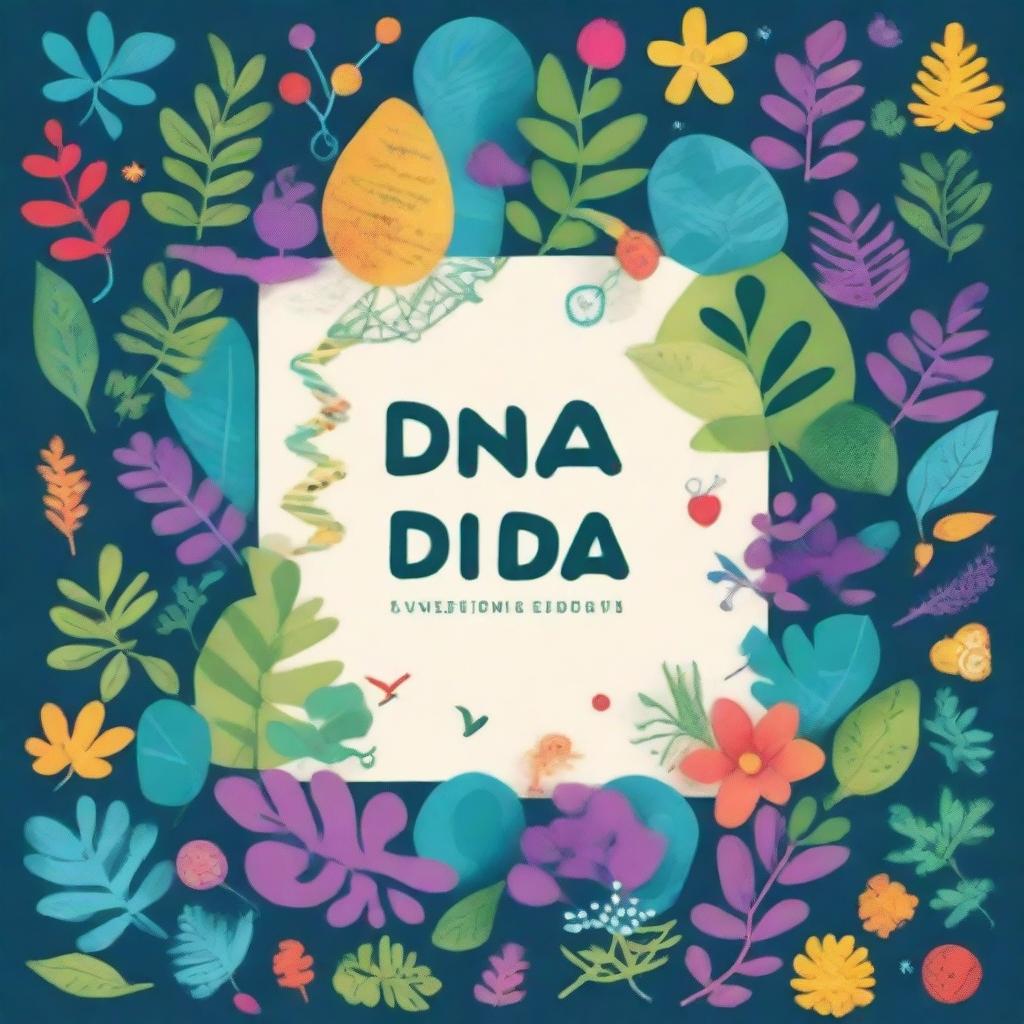 Create a biology book cover featuring a detailed illustration of a DNA strand, cells, and various plants and animals