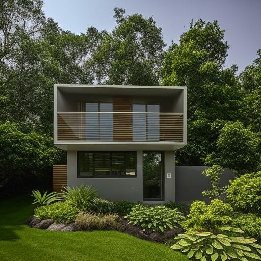 An eco-friendly home with two floors, each floor occupying 350 square feet, equipped with solar panels, green roofs, water-saving fixtures, and sustainable materials against a lush outdoor environment