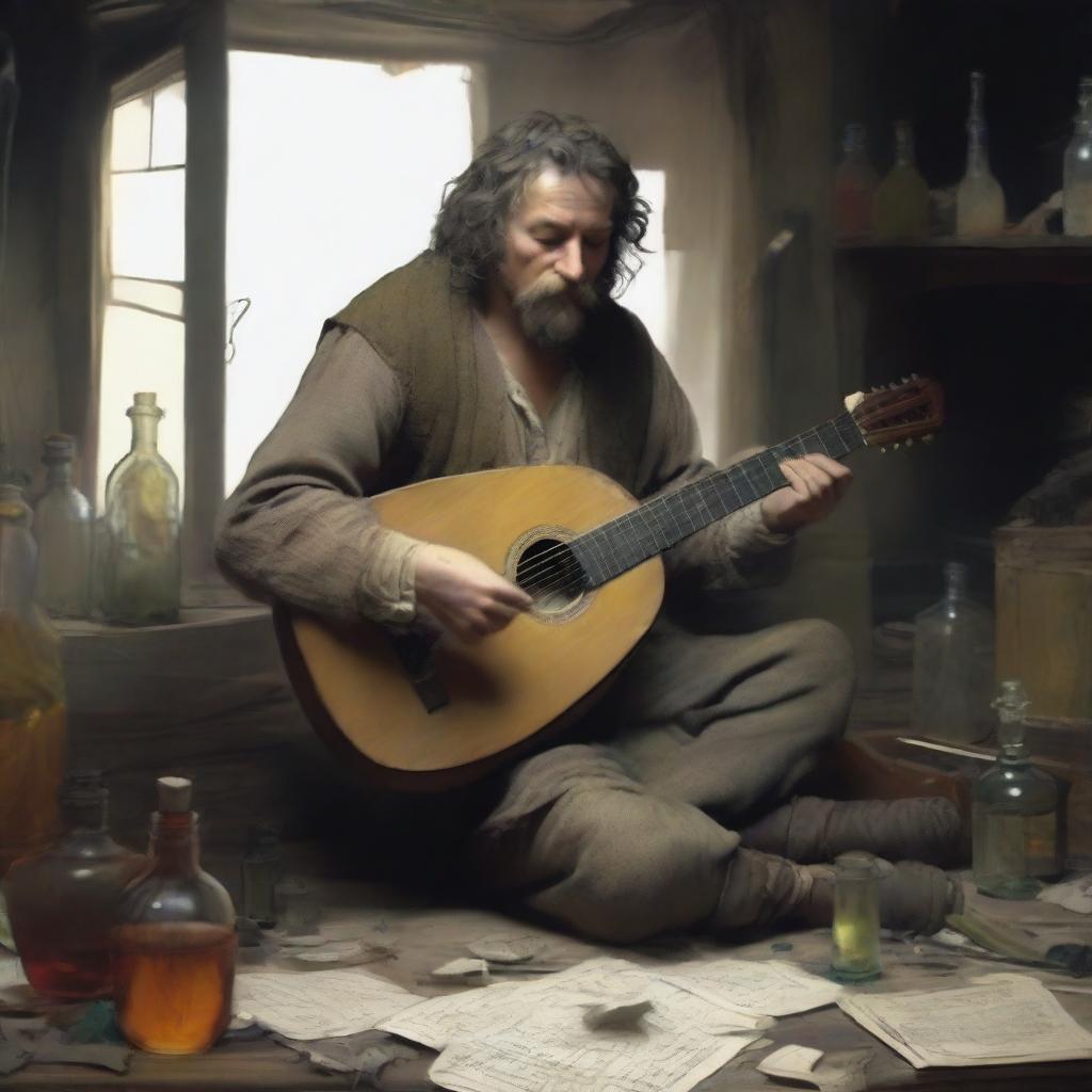 A disheveled bard with a worn-out appearance, playing a lute, surrounded by empty bottles and a chaotic environment, reflecting a life of drug addiction