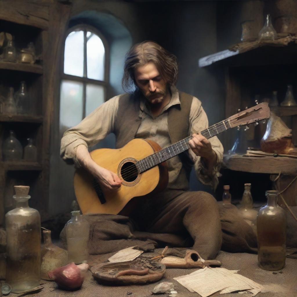 A disheveled bard with a worn-out appearance, playing a lute, surrounded by empty bottles and a chaotic environment, reflecting a life of drug addiction