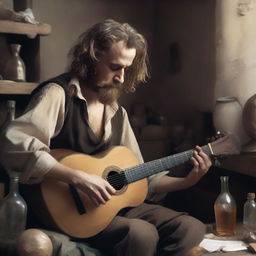 A disheveled bard with a worn-out appearance, playing a lute, surrounded by empty bottles and a chaotic environment, reflecting a life of drug addiction