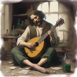 A disheveled bard with a worn-out appearance, playing a lute, surrounded by empty bottles and a chaotic environment, reflecting a life of drug addiction