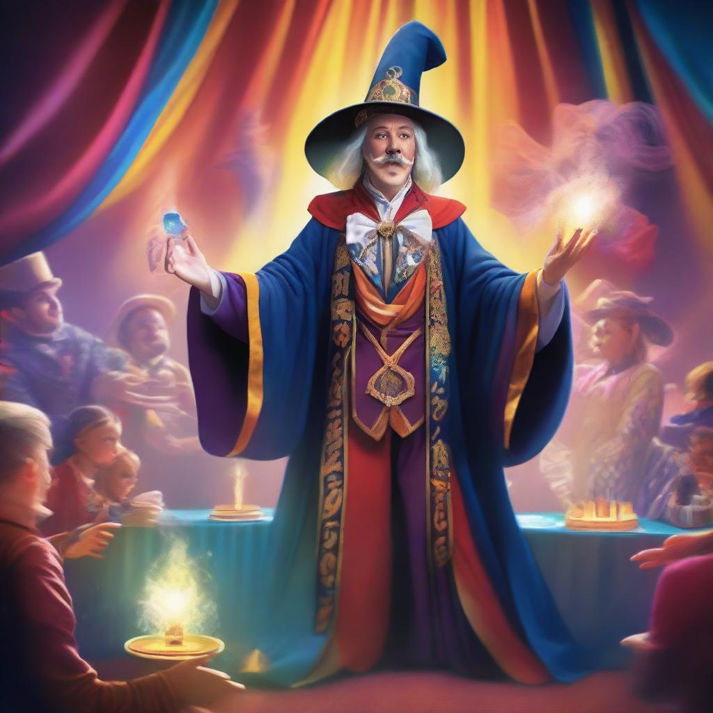 A fantasy mage performing magic tricks at a circus