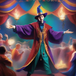 A fantasy mage performing magic tricks at a circus