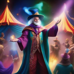 A fantasy mage performing magic tricks at a circus