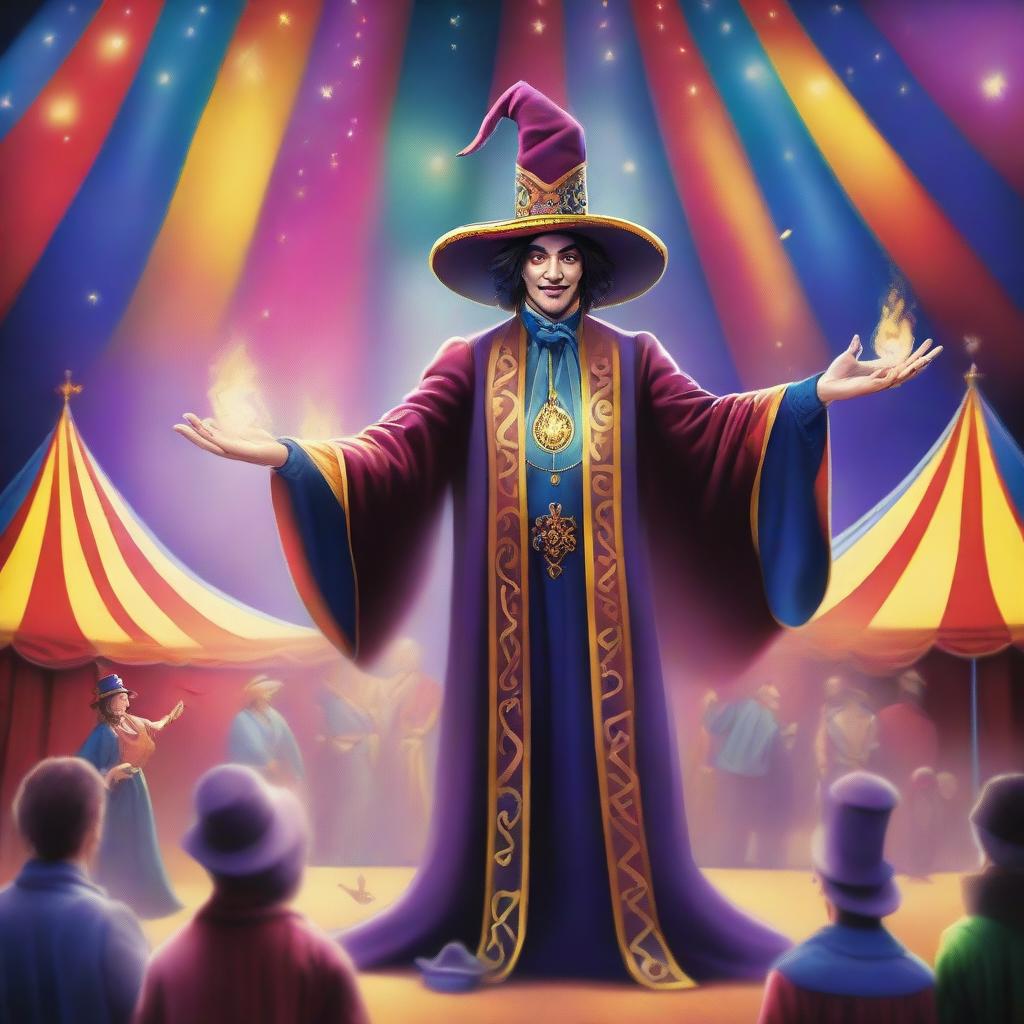 A fantasy mage performing magic tricks at a circus