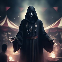 A dark fantasy mage performing sinister magic tricks at a circus