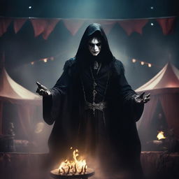 A dark fantasy mage performing sinister magic tricks at a circus