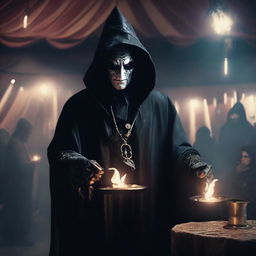 A dark fantasy mage performing sinister magic tricks at a circus