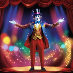 Un mago de fantasía en un circo, rodeado de colores vivos y decoraciones brillantes