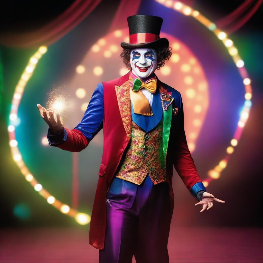 Un mago de fantasía en un circo, rodeado de colores vivos y decoraciones brillantes