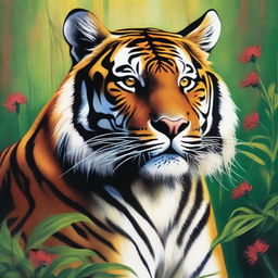 A vibrant and detailed painting of a tiger in its natural habitat