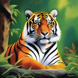 A vibrant and detailed painting of a tiger in its natural habitat