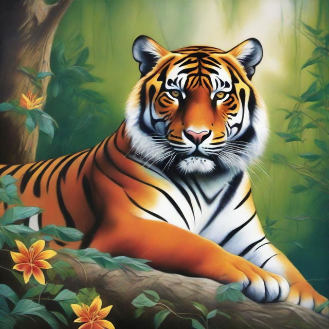 A vibrant and detailed painting of a tiger in its natural habitat