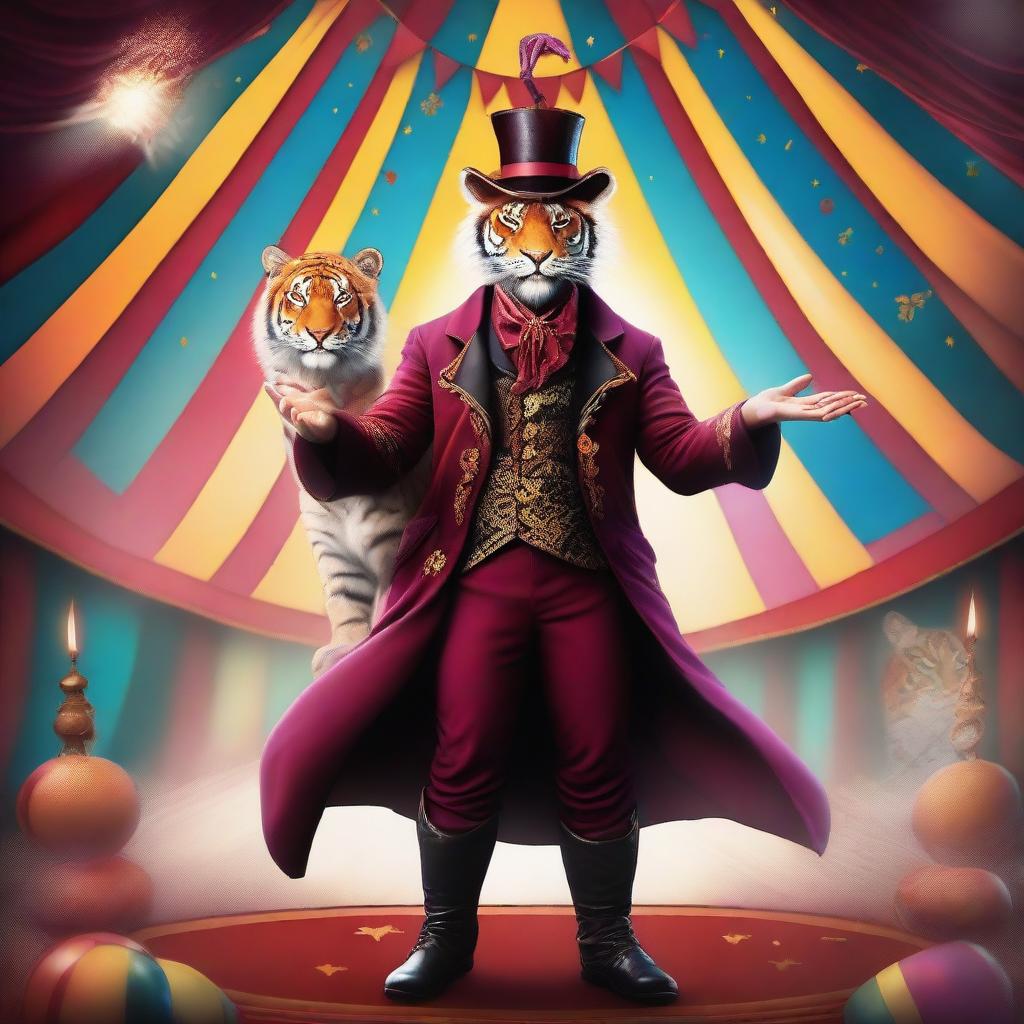 A fantasy circus mage dressed in burgundy and black, with a face painted like a tiger