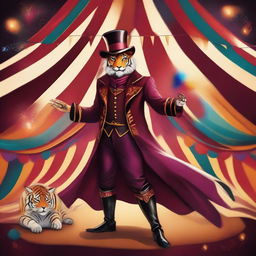 A fantasy circus mage dressed in burgundy and black, with a face painted like a tiger