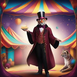 A fantasy circus mage dressed in burgundy and black, with a face painted like a tiger