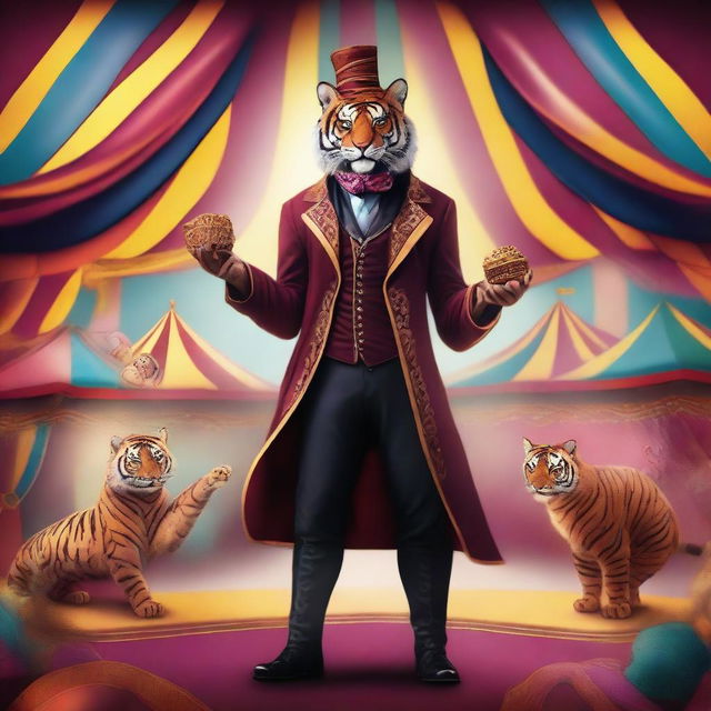 A fantasy circus mage dressed in burgundy and black, with a face painted like a tiger