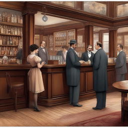 A detailed illustration of a bar scene set in the year 1900