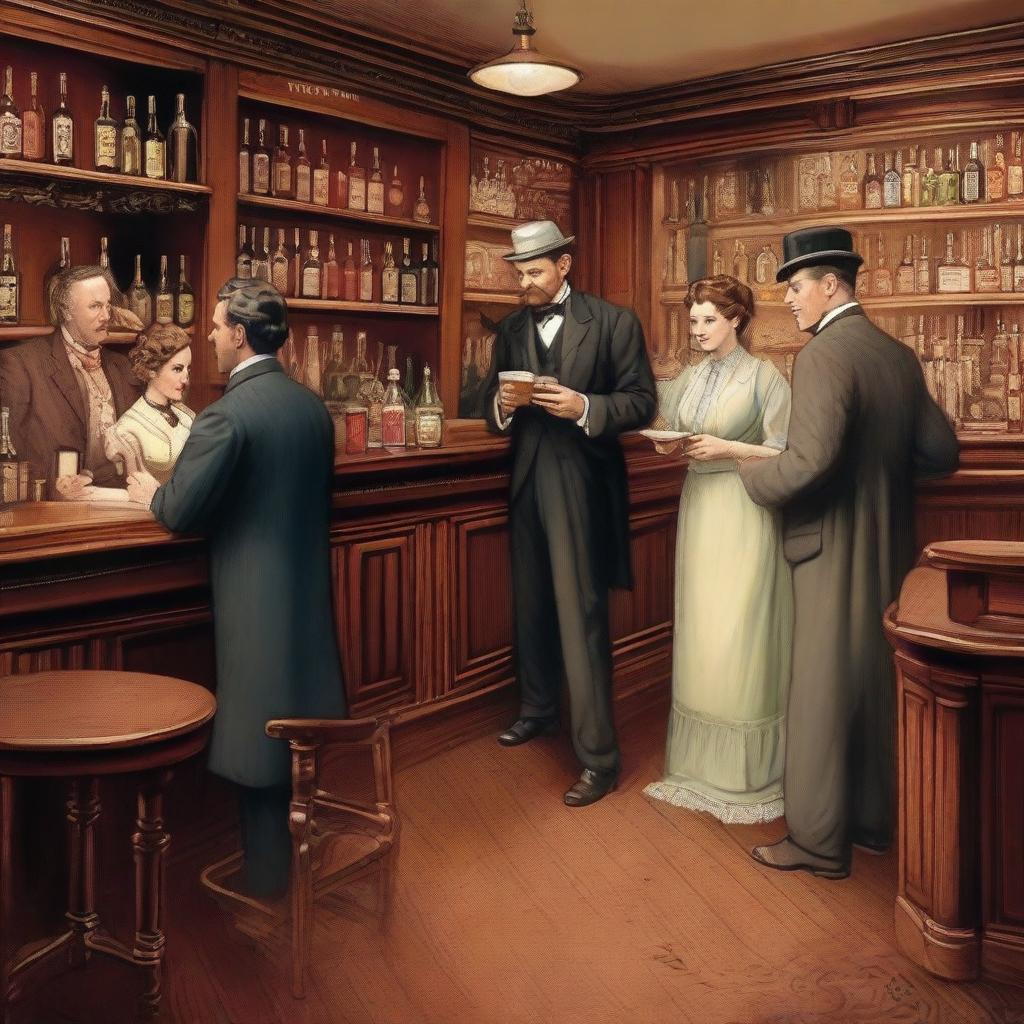 A detailed illustration of a bar scene set in the year 1900