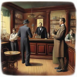 A detailed illustration of a bar scene set in the year 1900