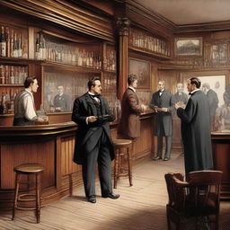 A detailed illustration of a bar scene set in the year 1900