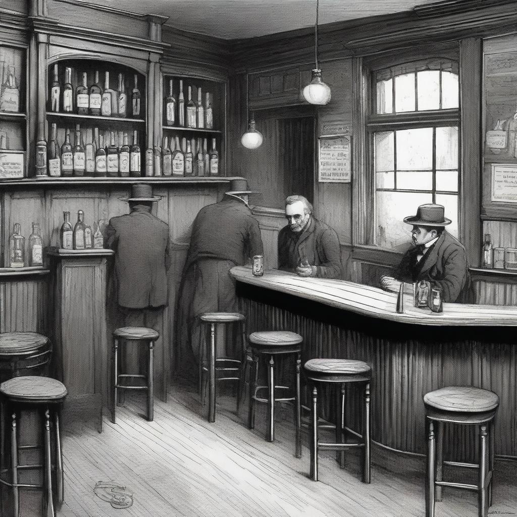 A detailed illustration of a bar in London around the year 1900