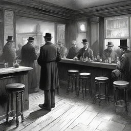 A detailed illustration of a bar in London around the year 1900