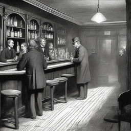 A detailed illustration of a bar in London around the year 1900