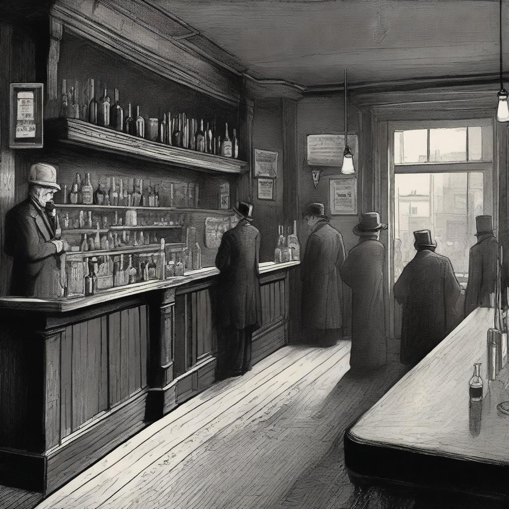 A detailed illustration of a bar in London around the year 1900