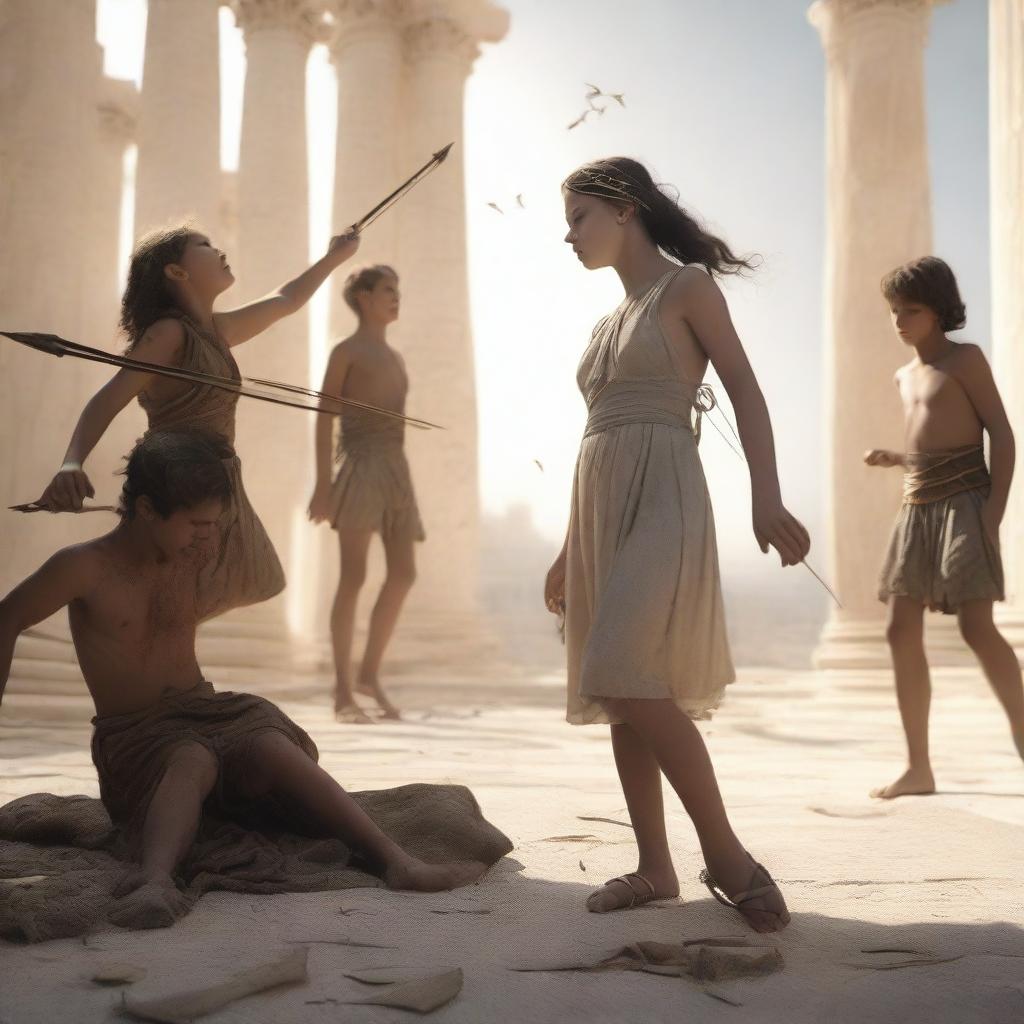 A hyper-realistic and photo-realistic depiction of Níobe's children falling one by one in ancient Greece