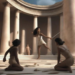 A hyper-realistic and photo-realistic depiction of Níobe's children falling one by one in ancient Greece