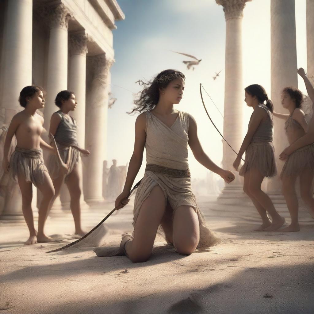 A hyper-realistic and photo-realistic depiction of Níobe's children falling one by one in ancient Greece