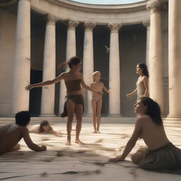 A hyper-realistic and photo-realistic depiction of Níobe's children falling one by one in ancient Greece