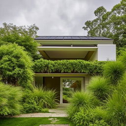 An eco-friendly home with two floors, each floor occupying 350 square feet, equipped with solar panels, green roofs, water-saving fixtures, and sustainable materials against a lush outdoor environment