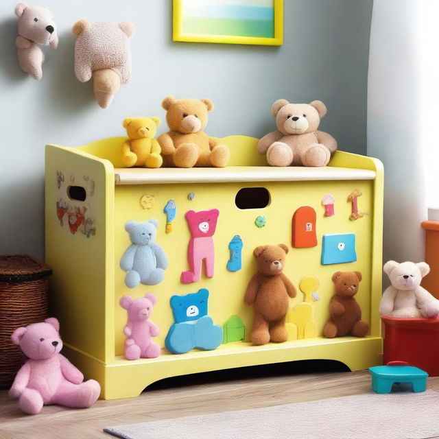 A charming and whimsical toy chest filled with colorful toys