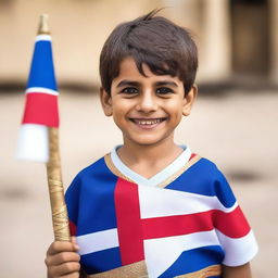 A young boy proudly holding an Assyrian flag