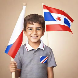 A young boy proudly holding an Assyrian flag