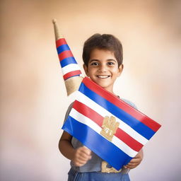 A young boy proudly holding an Assyrian flag