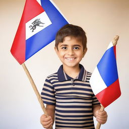 A young boy proudly holding an Assyrian flag