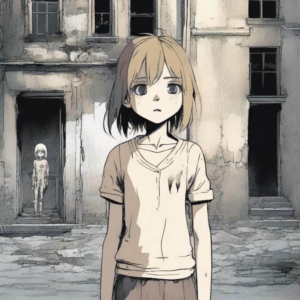 A 17-year-old girl, with disheveled hair and wide eyes, stands in front of an old and macabre abandoned building