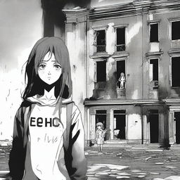 A 17-year-old girl, with disheveled hair and wide eyes, stands in front of an old and macabre abandoned building