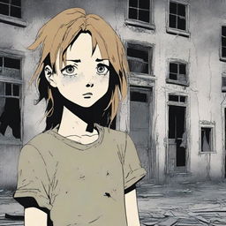 A 17-year-old girl, with disheveled hair and wide eyes, stands in front of an old and macabre abandoned building