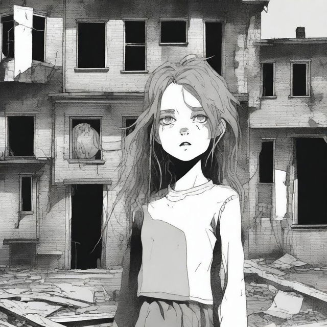 A 17-year-old girl, with disheveled hair and wide eyes, stands in front of an old and macabre abandoned building