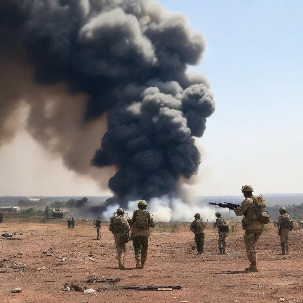 Un campo de batalla con soldados en acción, explosiones y humo en el aire