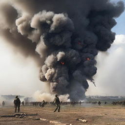 Un campo de batalla con soldados en acción, explosiones y humo en el aire