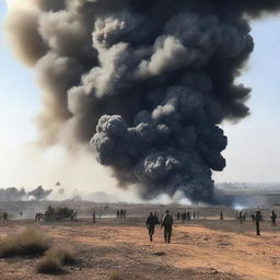 Un campo de batalla con soldados en acción, explosiones y humo en el aire